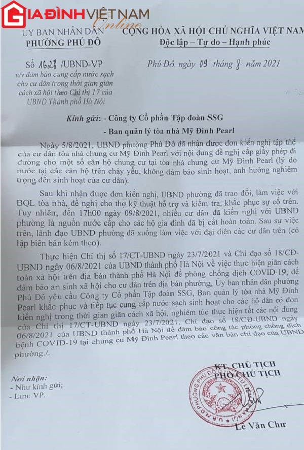 Văn bản của UBND phường Phú Đô yêu cầu đảm bảo cung cấp nước sạch sinh hoạt cho các hộ dân trong thời gian giãn cách xã hội. Ảnh: giadinhonline