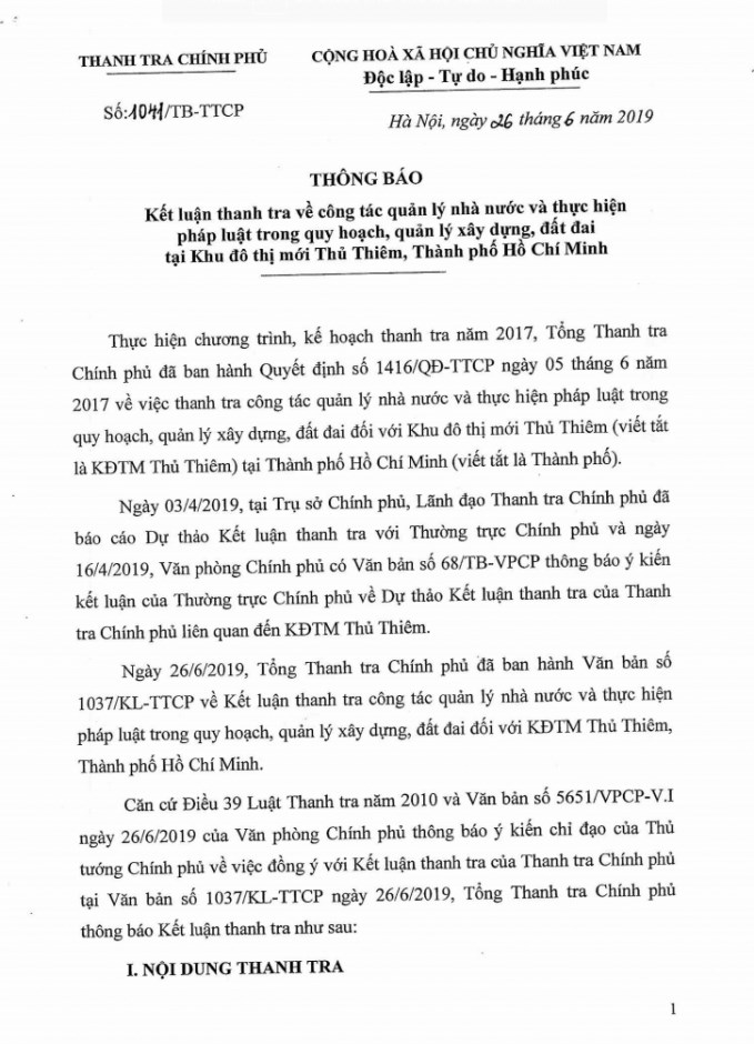 Thông báo số 1041/TB-TTCP vào tháng 6/2019 về công tác quản lý nhà nước và thực hiện pháp luật trong quy hoạch, quản lý xây dựng, đất đai tại Khu đô thị mới Thủ Thiêm, TP.HCM của Thanh tra Chính phủ.