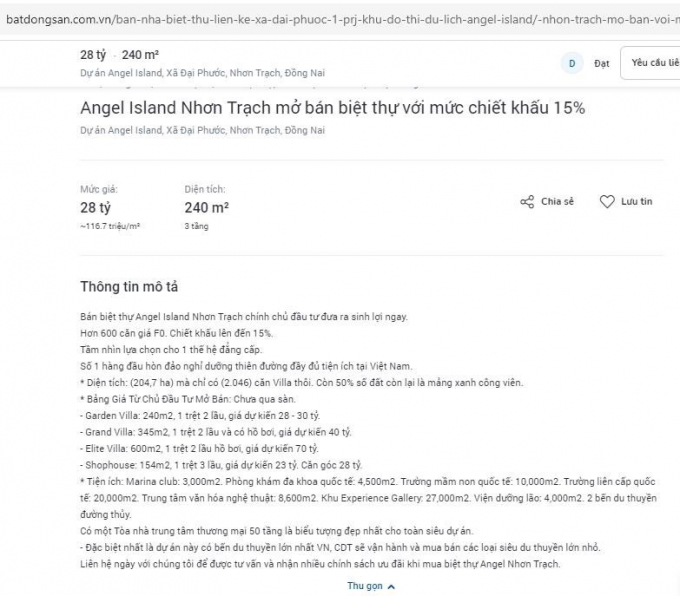 Thông tin rao bán các sản phẩm biệt thự, shophouse tại Angel Island