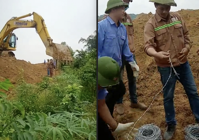 Công nhân Công ty Cổ phần tập đoàn hoá chất Đức Giang sốt sắng giúp dân rào đất tranh chấp. Ảnh cắt clip