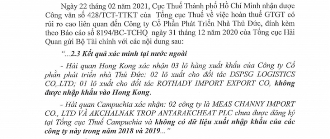 Văn bản của Cục Thuế Tp.HCM gửi Toà án Nhân dân Tp.HCM hôm 24/2/2021.