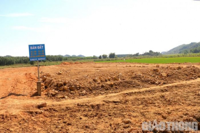 Đất trồng lúa được san lấp bằng phẳng và treo biển rao bán. Ảnh: Ngọc Hùng