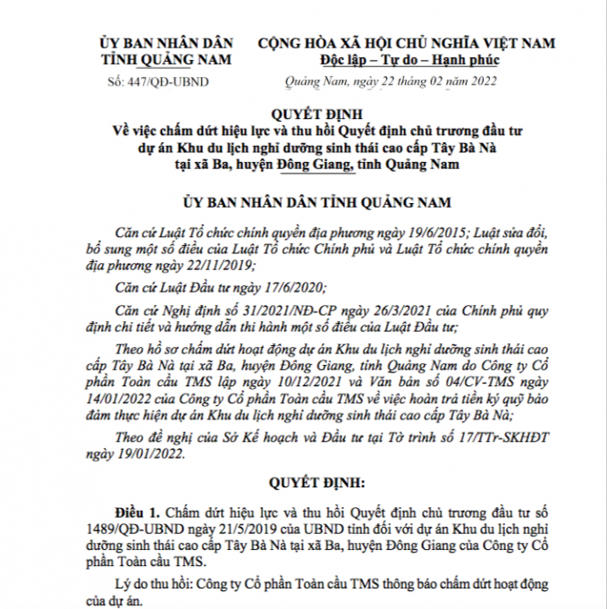Chính thức chấm dứt hiệu lực và thu hồi chủ trương đầu tư dự án Khu du lịch nghỉ dưỡng sinh thái cao cấp Tây Bà Nà của Công ty CP Toàn cầu TMS (TMS Global)