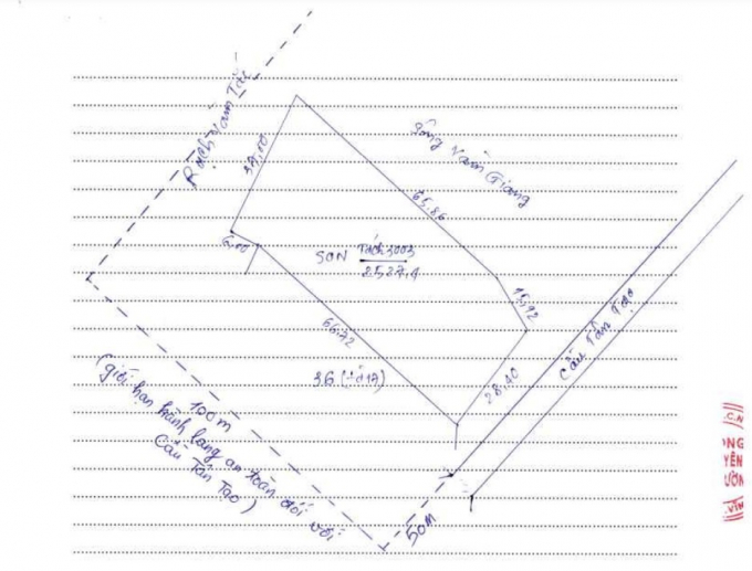 Bản vẽ hiện trạng khu đất của bà Trúc và khu bãi bồi trong đợt khảo sát ngày 10.2 của ngành chức năng H.Long Hồ và xã An Bình XUÂN PHÚC