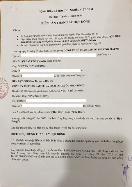 Biên bản thanh lý hợp đồng thoả thuận đặt cọc ngày 8/6/2020, giữa Công ty Miền Đông và ông Khương.