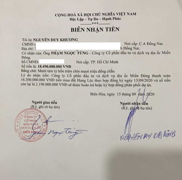 Biên nhận tiền cùng cam kết mà ông Khương ký nhận.