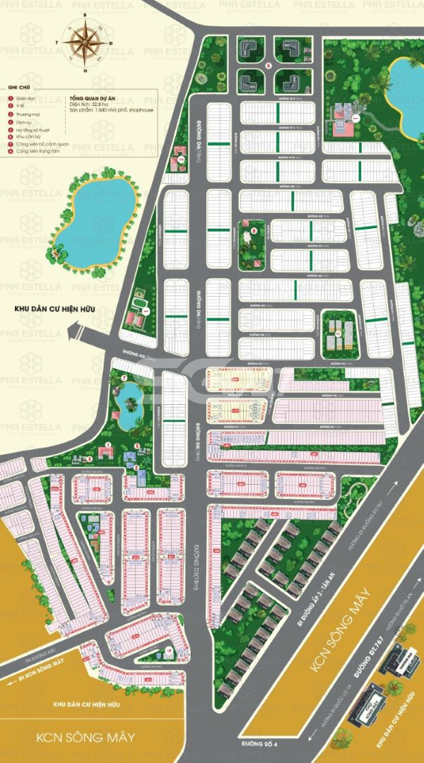 Hình ảnh sơ đồ minh họa về dự án PNR ESTELLA. Các ô màu hồng là dự án do công ty Đông Việt làm chủ đầu tư, còn các ô màu trắng là dự án do công ty Hồ Vũ làm chủ đầu tư.
