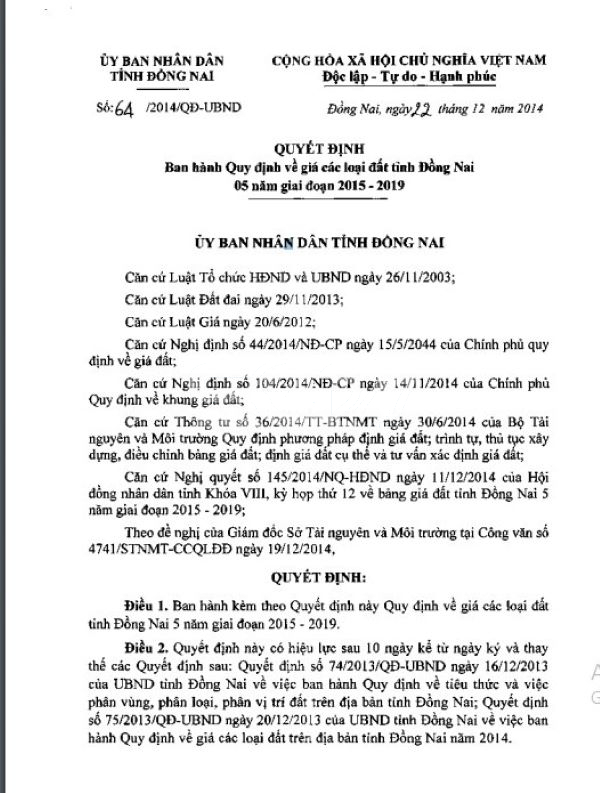Một phần Quyết định số 64/2014/QĐ-UBND ngày 22/12/2014 quy định về giá các loại đất tỉnh Đồng Nai 05 năm giai đoạn 2015 -2019