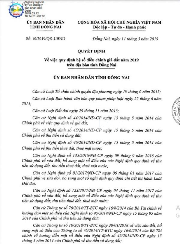Trang đầu của Quyết định số 10/2019/QĐ-UBND ngày 11/3/2019 quy định về hệ số điều chỉnh giá đất năm 2019 trên địa bàn tỉnh Đồng Nai