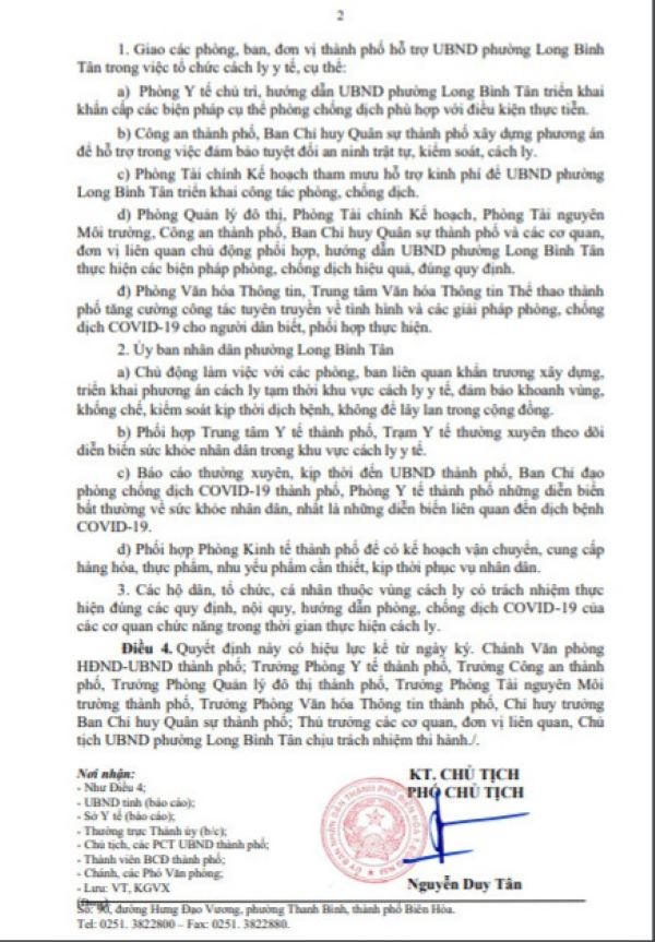 UBND thành phố Biên Hòa ban hành Quyết định số 4273/QĐ-UBND thiết lập 02 vùng cách ly y tế phòng chống dịch COVID-19 trên địa bàn phường Long Bình Tân, thành phố Biên Hòa
