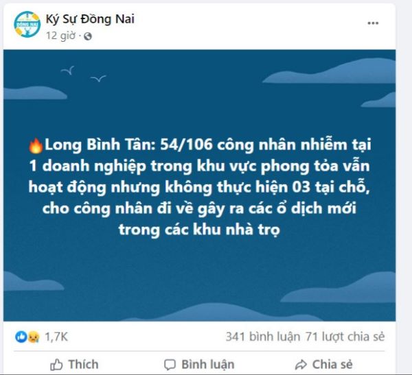 Trang facebook Ký sự Đồng Nai đưa tin về sự việc vào này 27/8/2021.