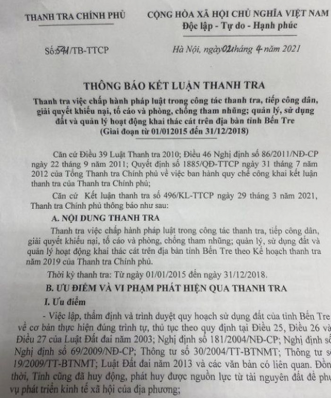 Thông báo kết luận thanh tra của Thanh tra Chính phủ