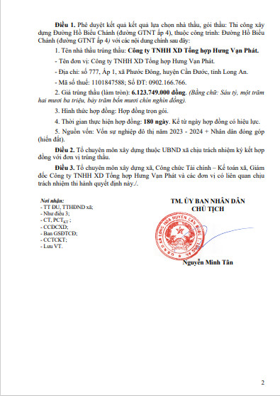 QĐ phê duyệt kết quả lựa chọn nhà thầu gói thầu Đường Hồ Biểu Chánh ( đường GTNT ấp 4)