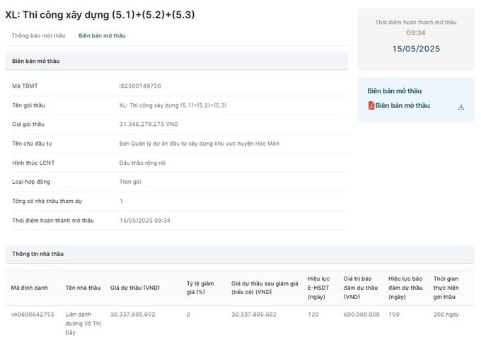 Biên bản mở thầu đã công bố ngày 15/5/2025. Nguồn: MSC