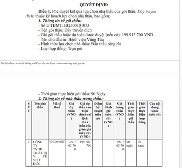 Một phần trong quyết định phê duyệt KQLCNT Gói thầu Dây truyền dịch. (Nguồn: MSC)