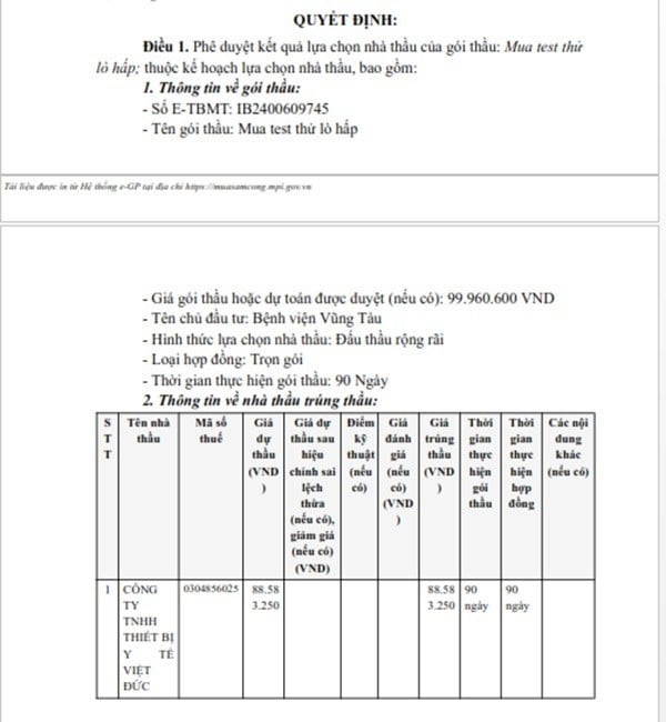 Một phần trong quyết định phê duyệt KQLCNT Gói thầu Mua test thử lò hấp. (Nguồn: MSC)