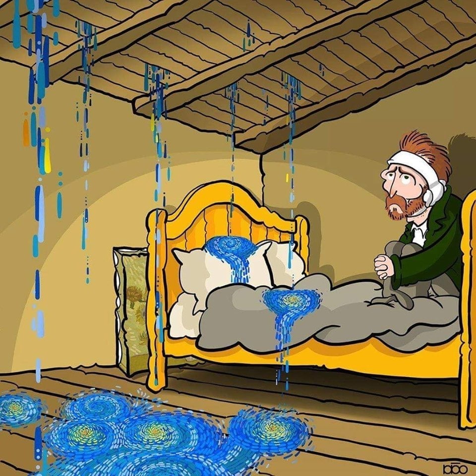 Cuộc đời Van Gogh là chuỗi ngày sống trong đau khổ và nghèo đói, bức tranh này mô tả hình ảnh Van Gogh đang ngồi trong căn phòng bệnh dột nát với vũng nước được sáng tạo dựa trên nét vẽ trong bức họa nổi tiếng 