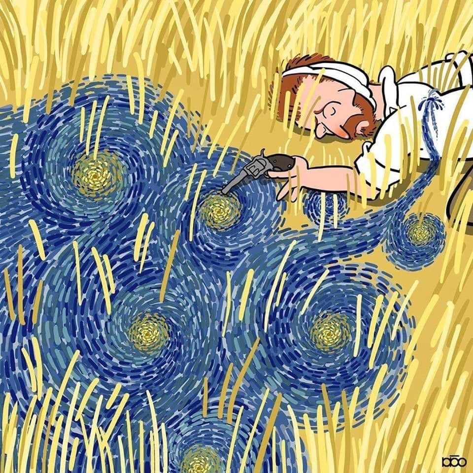 Van Gogh đã tự kết liễu cuộc đời mình bằng một khẩu súng lục tại cánh đồng hoa hướng dương. Trong bức tranh minh họa này, Van Gogh ngã xuống với dòng máu chảy ra là hình ảnh của 