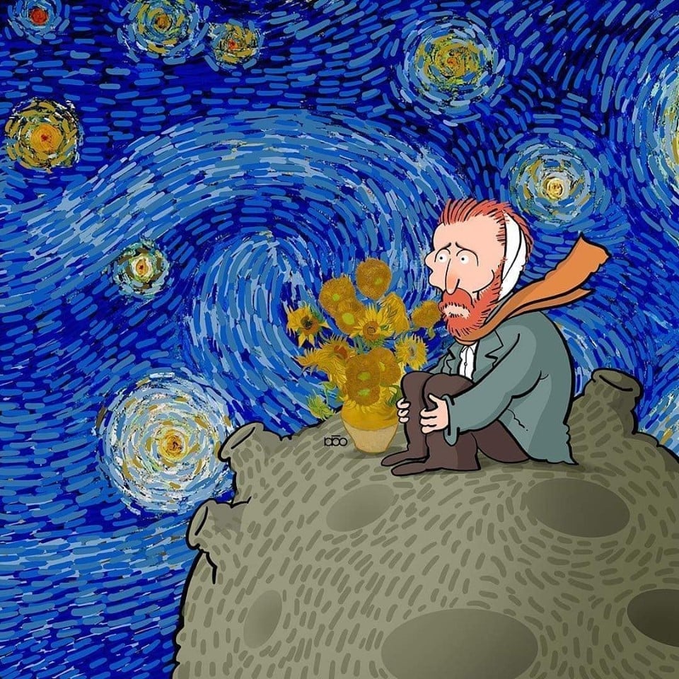 Van Gogh lặng lẽ ngồi cô độc trên hành tinh của chính mình, nơi ông tuyệt vọng trông chờ vào khung cảnh đêm đầy sao dành cho mình. Bên cạnh ông là bình hoa hướng dương tượng trưng cho người bạn-họa sĩ Paul Gauguin, người bạn duy nhất của Van Gogh nhưng đã rời bỏ ông và là nguyên nhân trực tiếp khiến Van Gogh cắt đi một bên tai.