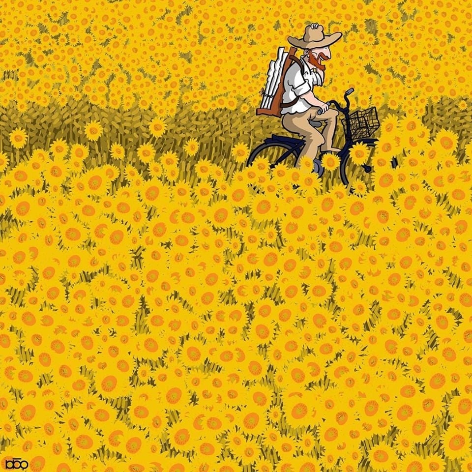 Khung cảnh tuy đem lại cảm giác vô cùng vui vẻ với hình ảnh người nghệ sĩ cười hạnh phúc trên chiếc xe đạp giữa cánh đồng hoa hướng dương rực rỡ, nhưng cũng mang đến cảm giác đau thương tột cùng bởi cánh đồng hoa hướng dương cũng chính là nơi Vincent Van Gogh tự kết liễu cuộc đời mình với khẩu súng lục. Phải chăng khi sáng tạo ra bức minh họa này, Alireza đã mường tượng ra cuộc sống của cố danh họa Van Gogh, không còn phải đối mặt với nghèo đói, đau thương, chỉ còn lại hạnh phúc khi được sống đúng với những gì ông mong muốn sau khi lìa xa đời thực đầy bất công?