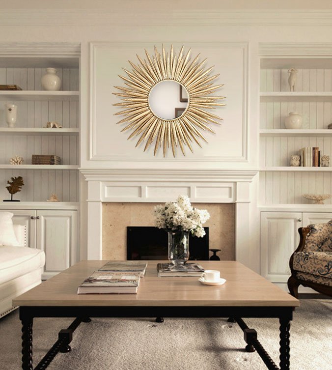 Gương trang trí nội thất phòng khách tạo hình mặt trời, giúp không gian phòng khách ấm áp và tinh tế