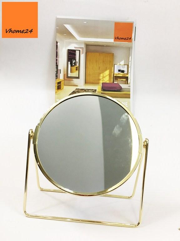 Gương để bàn trang điểm khung kim loại vàng xoay được 360 độ.