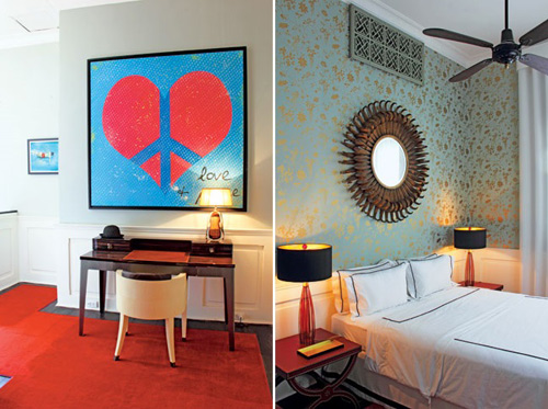 Phòng ngủ chính được trang trí bằng các bức tranh sơn dầu mô phỏng các bức áp-phích thập niên 60 và 70…kết hợp với thiết kế giường và chiếc ghế dài kiểu Art Deco bọc da cá đuối. Ngoài ra, toàn bộ thảm trong nhà bằng lụa dệt tay của Ấn Độ.