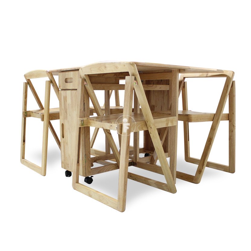 Bộ bàn ghế xếp thông minh EKO với thiết kế thông minh có thể gấp mở, giúp tiết kiệm không gian phòng ăn nhà bạn. Đặc biệt sản phẩm có thiết kế bánh xe, giúp bạn có thể cơ động di chuyển bản ăn mọi nơi. Sản phẩm được làm 100% từ gỗ tự nhiên, vân gỗ nổi bật. Kích thước: Bàn:142x5/90x5/38.5x86x76 | Ghế:48x47.5x74.6.