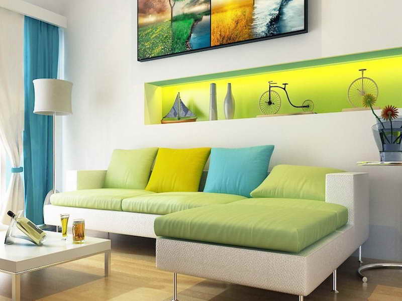 Màu sắc tương tự liên tục trong một thiết kế nội thất phòng khách.
