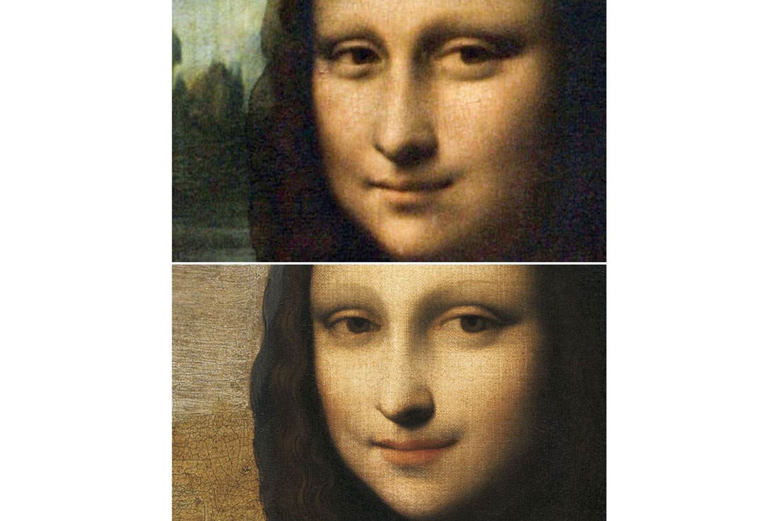 Hai khuôn mặt của tranh gốc (trên) và bức Islewoth Mona Lisa (dưới).