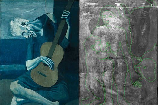 Hình ảnh chụp X-quang của bức tranh sơn dầu Nhạc công guitar già của Picasso