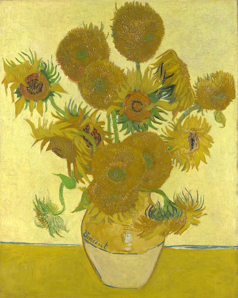Hoa hướng dương phiên bản thứ tư trên nền màu vàng, bức tranh được vẽ bằng chất liệu sơn dầu trên vải, kích thước 92,1 × 73cm, bức tranh hiện đang được trưng bày tại Phòng trưng bày Quốc gia, Luân Đôn, Anh (Ảnh: Wikipedia)