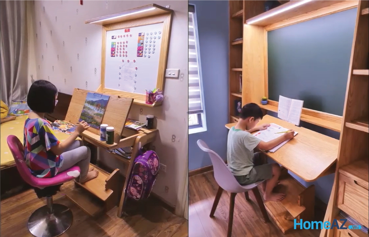 Bàn học chống gù chống cận kết hợp với giá kê chân văn phòng giúp bé có một tư thế ngồi học thoải mái hơn.