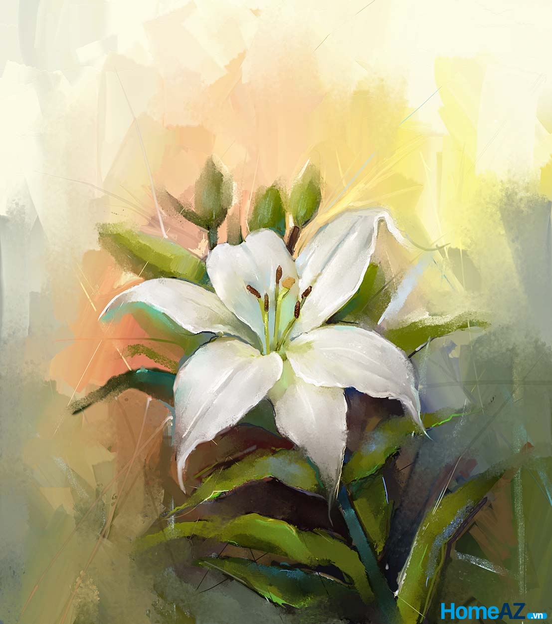 Bức tranh hoa ly trắng với chỉ một cành duy nhất hiện lên sống động và chân thực. Mã tranh: 43543585_xl