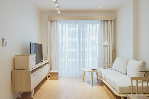 Đèn rọi ray màu trắng kết hợp với đèn âm trần cung cấp ánh sáng đầy đủ cho gian phòng khách của căn hộ có thiết kế tối giản.