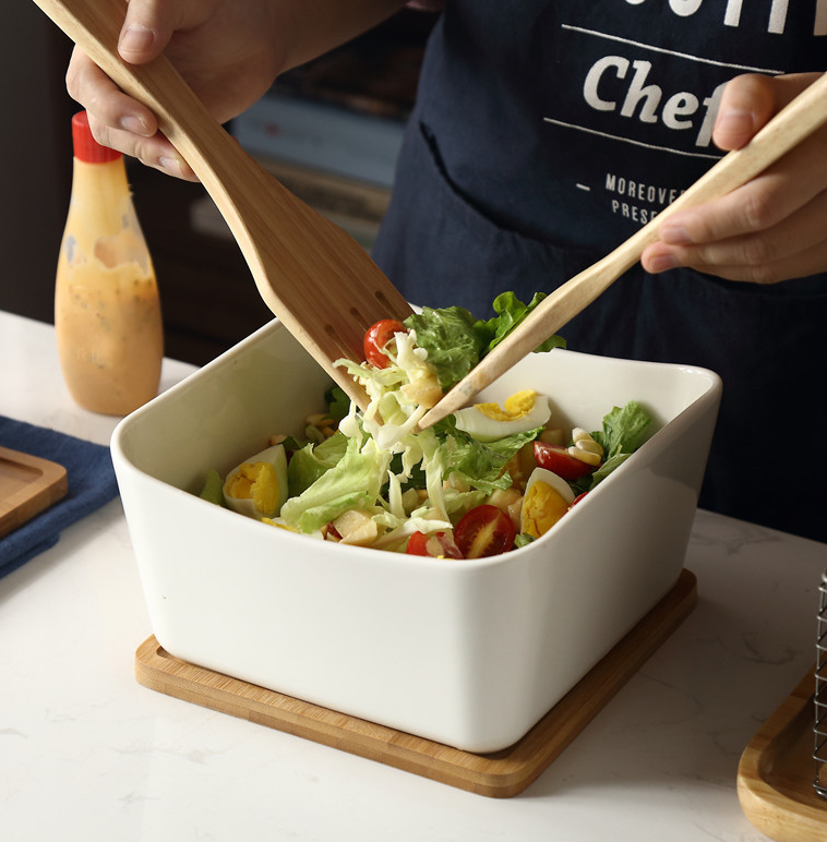 Bát Trộn Salad Sứ Cao Cấp Hình Vuông  Kèm Thìa Gỗ | HomeAZ.vn