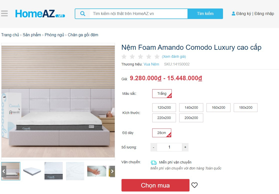 Nệm foam Amando Comodo Luxury được bán tại HomeAZ.vn với mức giá rẻ nhất thị trường