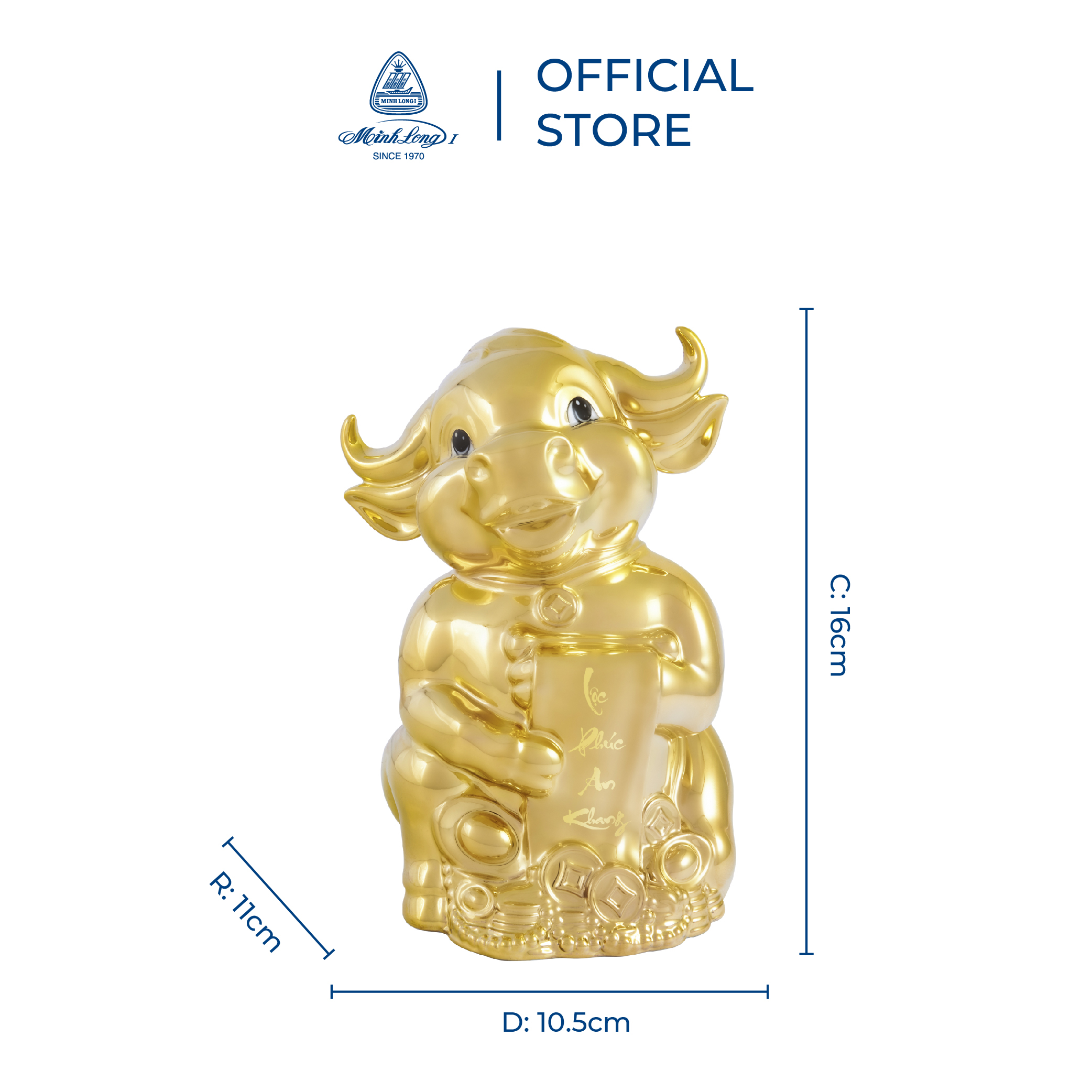 Tượng Trâu Mạ Vàng 24K Phong Thủy - Trâu Hạnh Phúc 16cm | HomeAZ