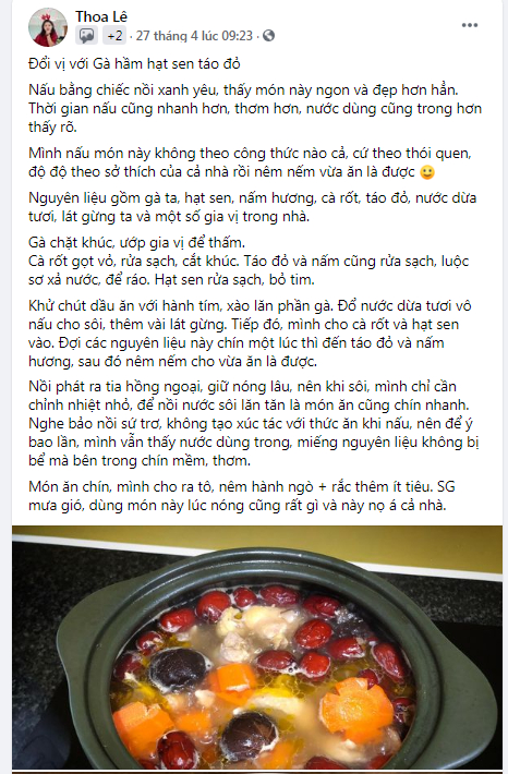 Facebooker Thoa Lê review món gà hầm hạt sen táo đỏ xuất sắc với nồi sứ dưỡng sinh Minh Long