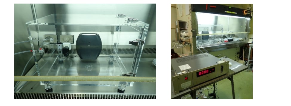 Cảnh thí nghiệm trong công trình nghiên cứu: Bên trái: Phơi nhiễm với ozone trong hộp; Bên phải: Kiểm soát nồng độ bằng thiết bị theo dõi nồng độ ozone
