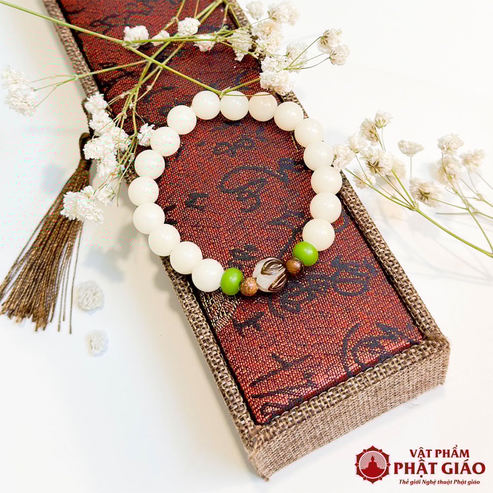 Chuỗi Vòng Đeo Tay Hạt Bồ Đề Charm Hoa Sen Màu Trắng Ngà, 10mm 12 vong hat deo tay goc bo de mix charm hoa sen tinh te vat pham phat giao la boi 8