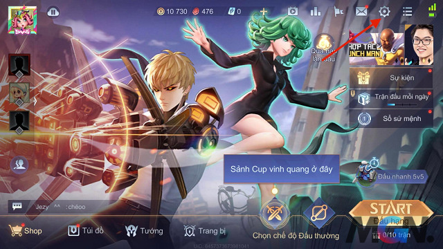 Click chọn biểu tượng cài đặt trong giao diện Liên Quân Mobile