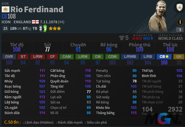 Trung vệ FIFA Online 4 MU Rio Ferdinand ICON Varena 21TS