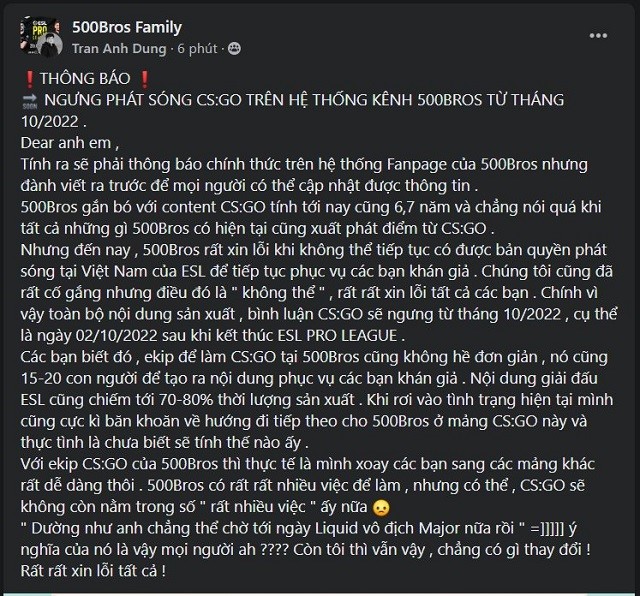 Thông báo của Dũng Kajima về việc 500Bros sẽ dừng phát sóng CSGO