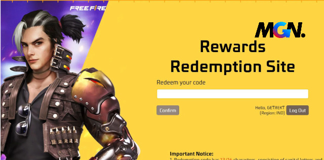 Giao diện để game thủ Free Fire điền code được nhận phía trên