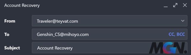 Giao diện gửi email phục hồi tài khoản HoYoverse