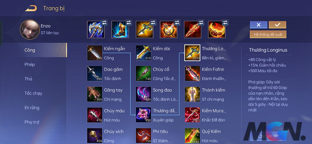 Bộ trang bị tham khảo dành cho tướng Enzo của Liên Quân Mobile