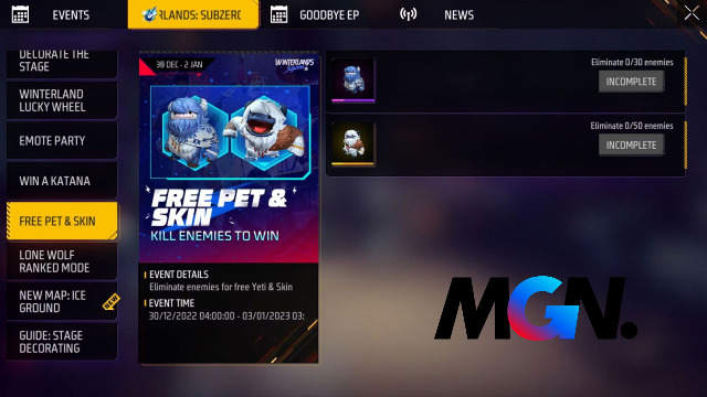 Giao diện sự kiện làm nhiệm vụ nhận pet Free Fire