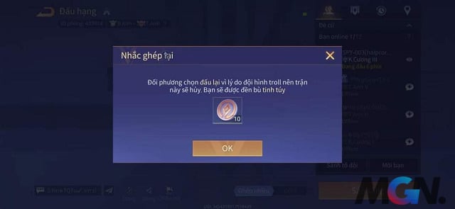 Nếu đội hình bất hợp lý, đồng đội có thể yêu cầu hủy trận đấu