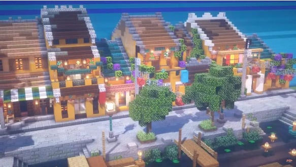 Phố cổ Hội An bên dòng sông Thu Bồn được vẽ trong game Minecraft